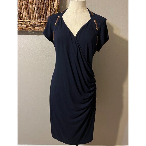 Camen Marc Valvo Dress Navy Blue Brown 1X Faux Leather Trim Stretch Sheath - Picture 1 of 5